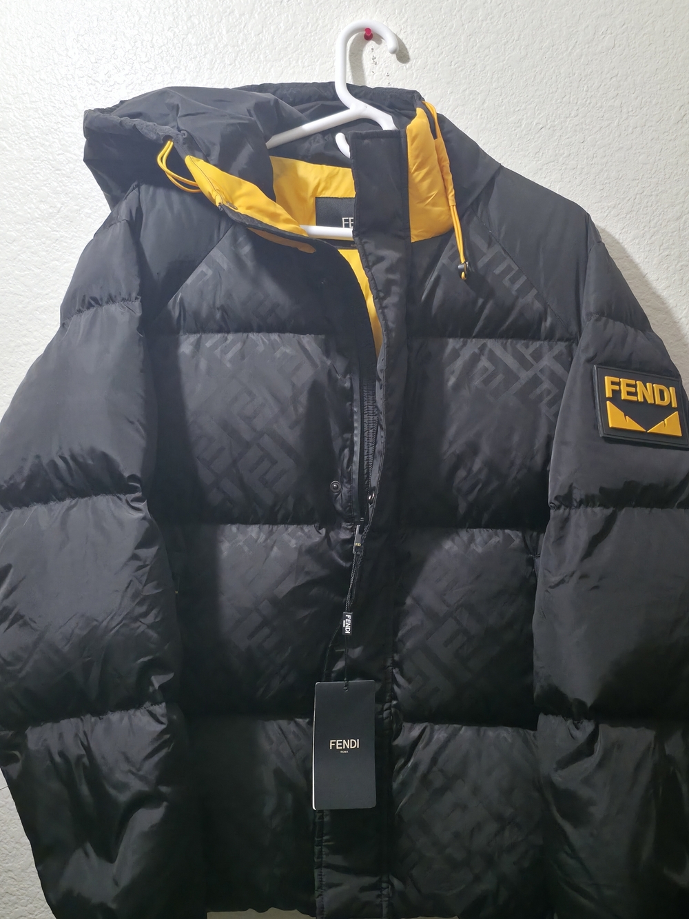 Red Jacket Black Puffer Coat with Yellow Trim